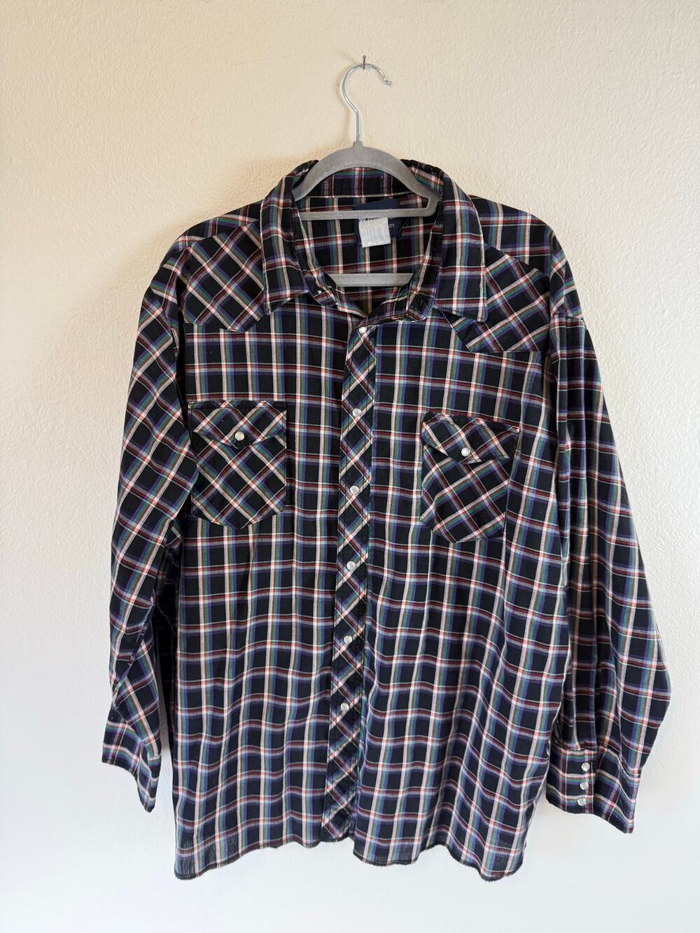 VTG Wrangler Pearl Snap Black Plaid MicroGrid Lightweight Purple Green Mens 3XL